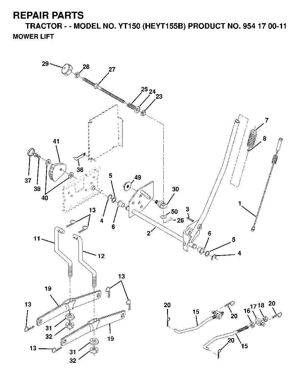 Mower Lift / Deck Lift Diagram and Parts List for YT150 (HEYT155B, 954170011)(1998-12) Husqvarna Lawn Tractor