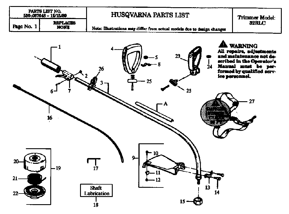 Shaft And Handle Diagram and Parts List for 32RLC 1990-01 Husqvarna Brush Cutter