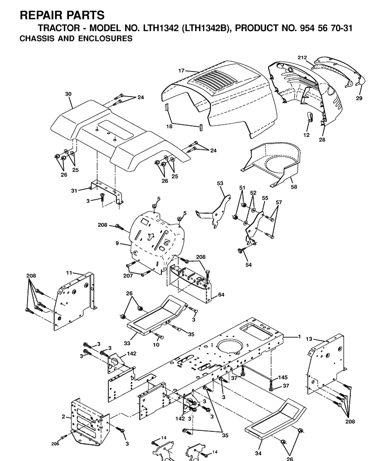 Chassis And Enclosures Diagram and Parts List for LTH1342-LTH1342B 2000-12 Husqvarna Lawn Tractor