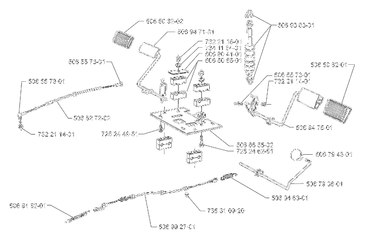 Pedals And Cables Diagram and Parts List for RIDERPROFLEX21 2001-02 Husqvarna Lawn Tractor
