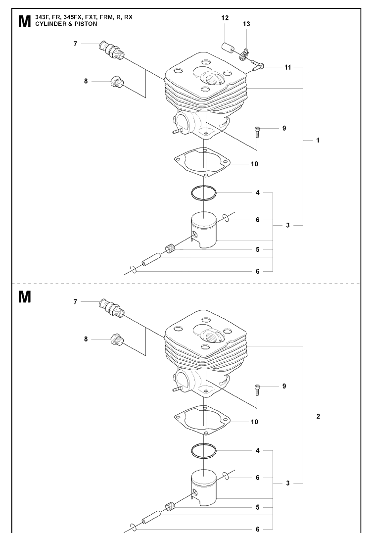 Cylinder Piston Diagram and Parts List for 343FRM  Husqvarna Brush Cutter
