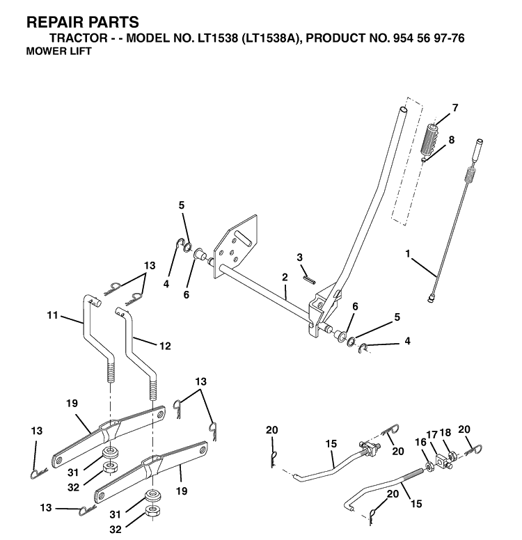 Mower Lift / Deck Lift Diagram and Parts List for LT1538-LT1538A 2002-11 Husqvarna Lawn Tractor