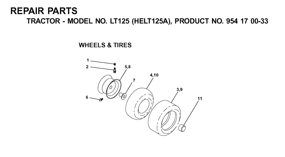Wheels And Tires Diagram and Parts List for LT125 (954170033-A)(2001-01) Husqvarna Lawn Tractor