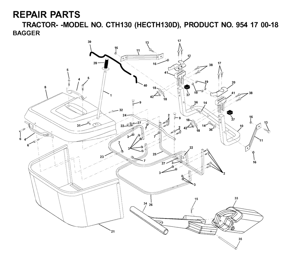 Bagger Diagram and Parts List for CTH130 (954170018-D)(2001-02) Husqvarna Lawn Tractor