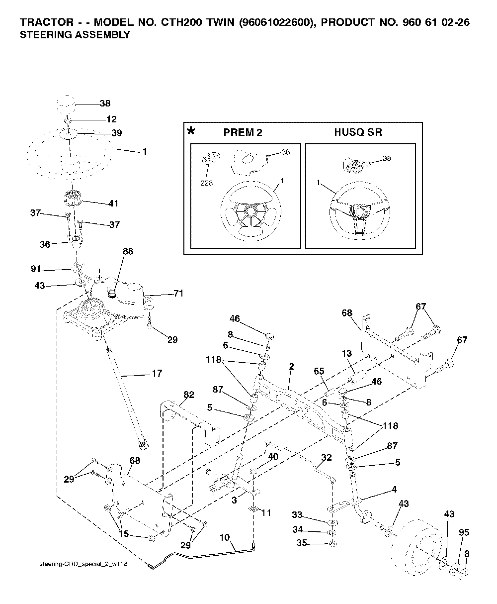 Steering Diagram and Parts List for CTH200TWIN (96061022600)(2007-10) Husqvarna Lawn Tractor