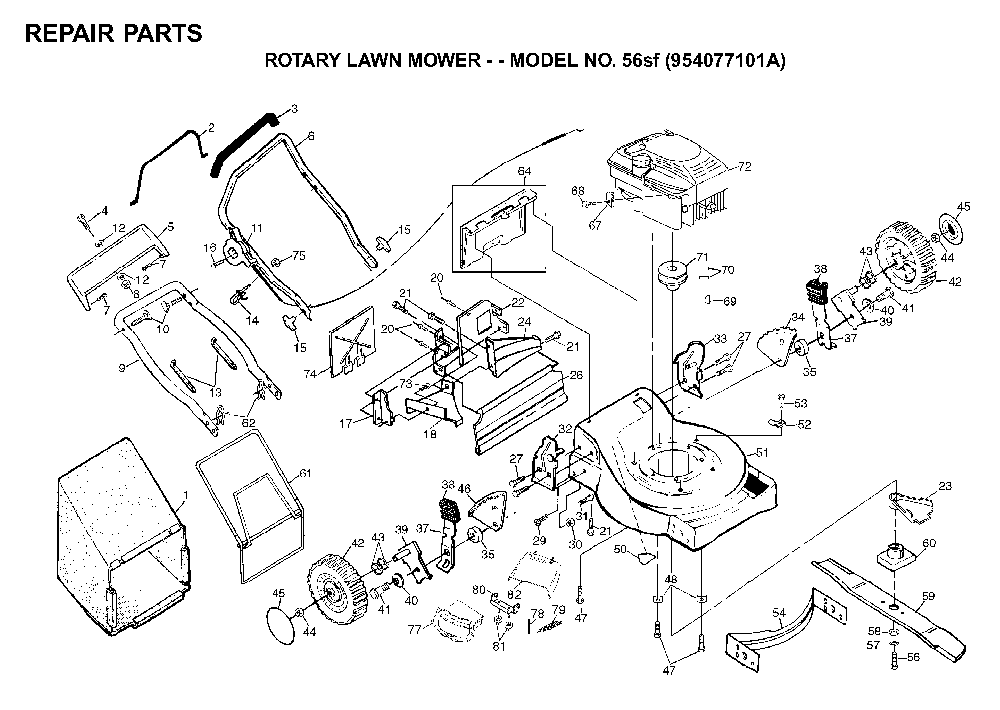 Repair Parts Diagram and Parts List for 56SF (954077101, 532702511)(1995-10) Husqvarna Lawn Mower