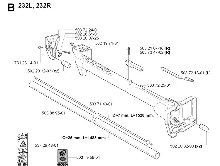 Shaft And Handle Diagram and Parts List for 232L 20070100001-Current Husqvarna Edger