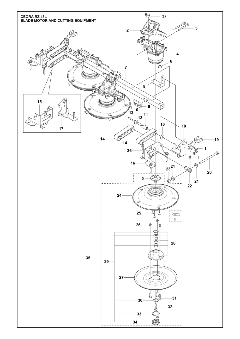 Blade Motor And Cutting Equipment Diagram and Parts List for CEORARZ43L  Husqvarna Lawn Mower