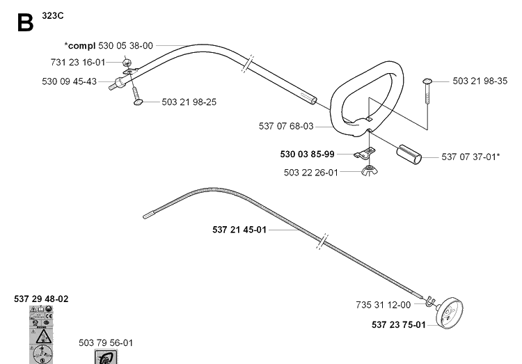 Shaft And Handle Diagram and Parts List for 323C 20051800001-20051800000 Husqvarna Edger