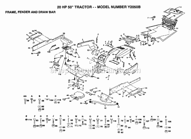 Frame, Fender And Draw Bar Diagram and Parts List for Y2050B 1993 Husqvarna Lawn Tractor