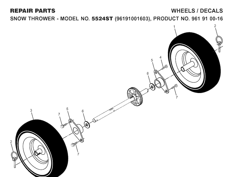 Wheels And Tires Diagram and Parts List for 5524ST (96191001603)(2007-10) Husqvarna Snow Blower