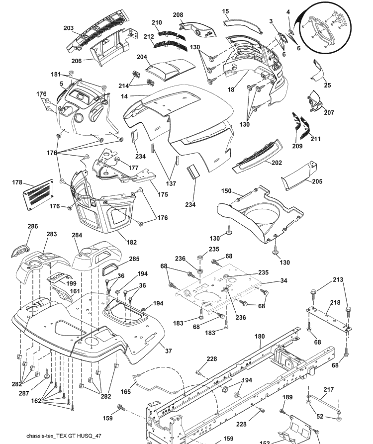 Chassis Diagram and Parts List for 2042LS (96043007500)(2008-11) Husqvarna Lawn Mower