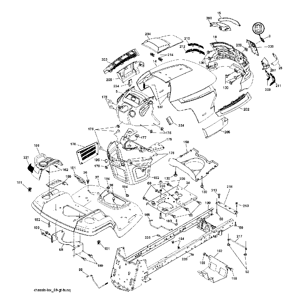 Chassis And Enclosures Diagram and Parts List for GTH260TWIN (96041004502)(2008-09) Husqvarna Lawn Tractor