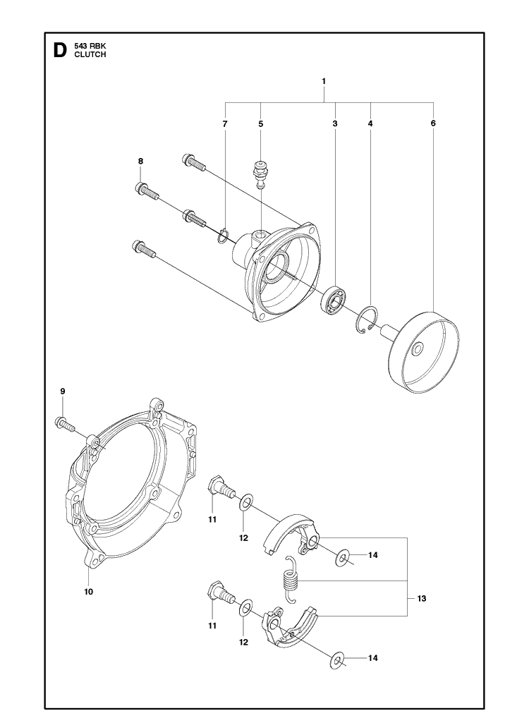 Clutch Diagram and Parts List for 543RBK 20130500001-20182200000 Husqvarna Brush Cutter