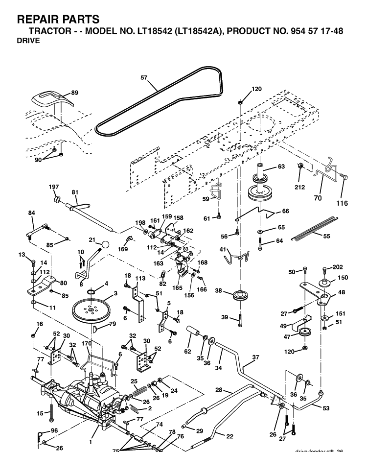 Drive Diagram and Parts List for LT18542-LT18542A 2003-11 Husqvarna Lawn Tractor