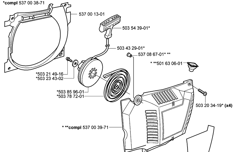 Starter Diagram and Parts List for 385 2005-03 Husqvarna Chainsaw