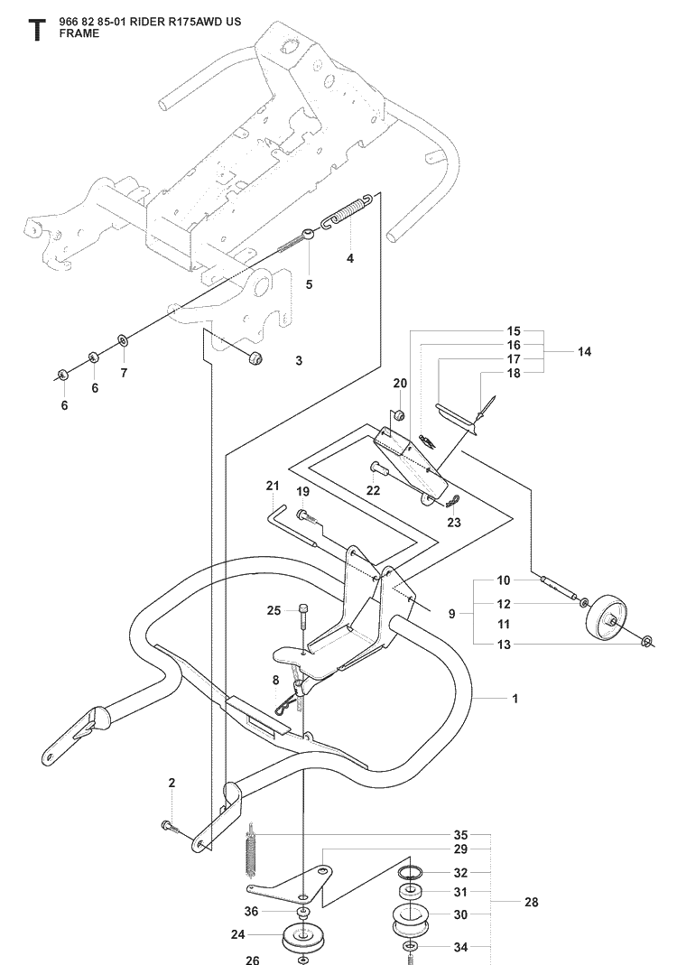 Frame Diagram and Parts List for RIDER175 (966828501)(2008-05) Husqvarna Lawn Mower