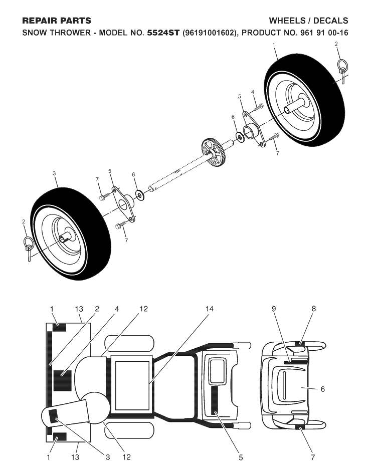 Wheels And Tires Diagram and Parts List for 5524ST (96191001602)(2007-10) Husqvarna Snow Blower