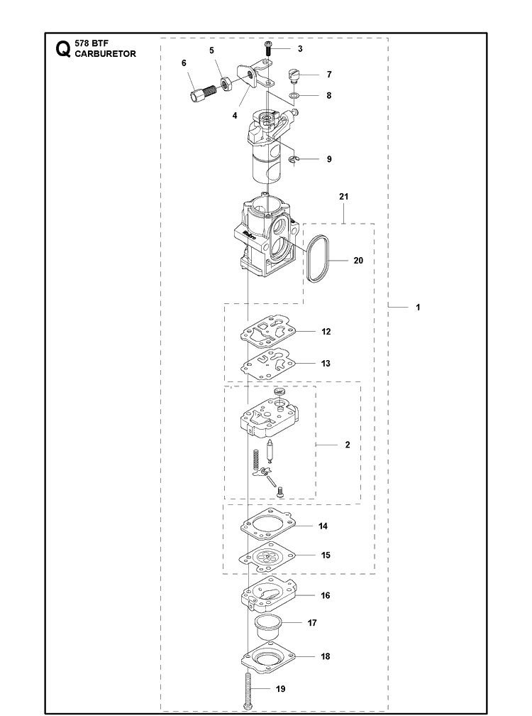 Carburetor Diagram and Parts List for 578BTF 20143600001-20183500000 Husqvarna Leaf Blower / Vacuum