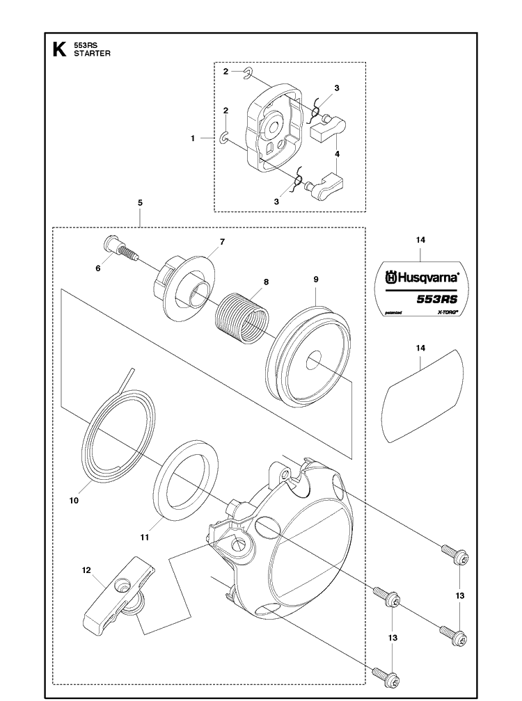 Starter Diagram and Parts List for 553RS  Husqvarna Brush Cutter
