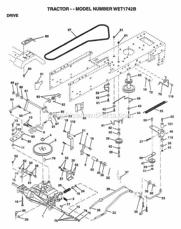 Drive Diagram and Parts List for WET1742B 1997 Husqvarna Lawn Tractor