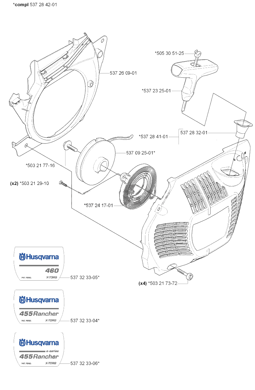 Starter Diagram and Parts List for 455ERANCHER 2007-01 Husqvarna Chainsaw