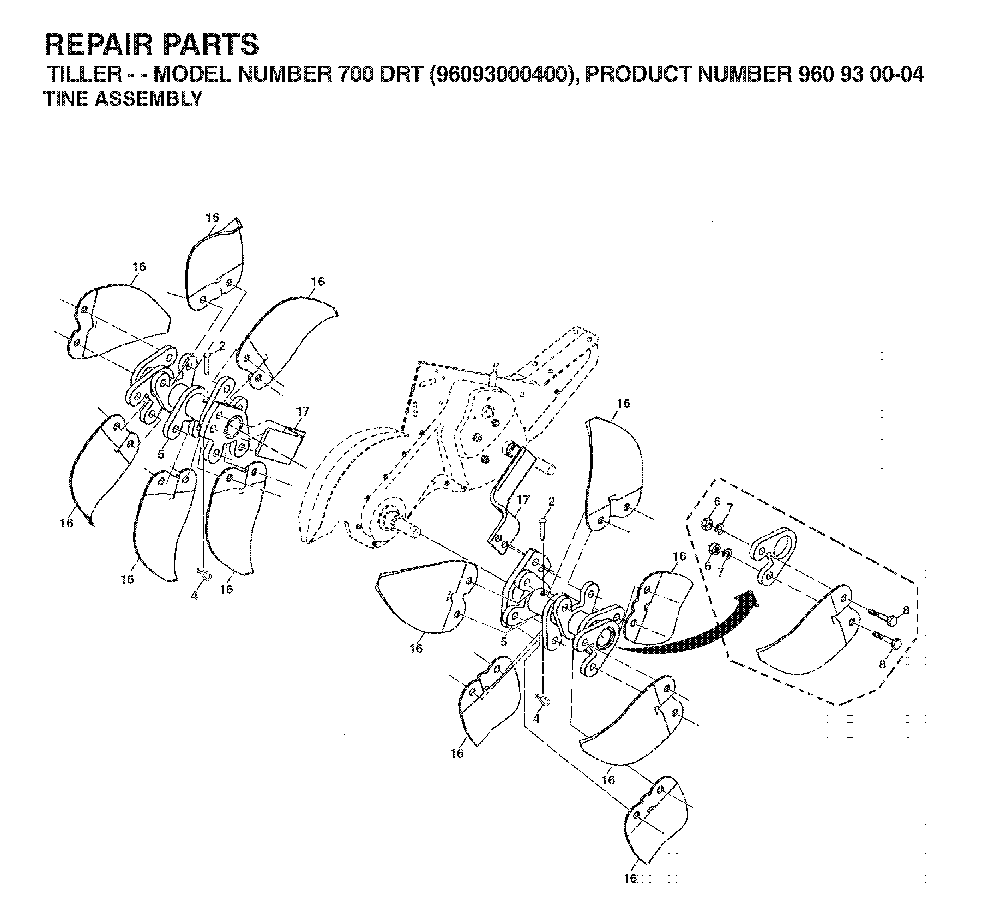 Tine Assembly Diagram and Parts List for 700DRT (96093000400)(2006-02) Husqvarna Tiller