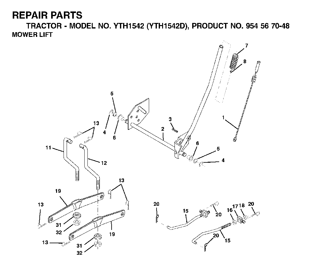 Mower Lift / Deck Lift Diagram and Parts List for YTH1542D (954567048)(2001-11) Husqvarna Lawn Tractor