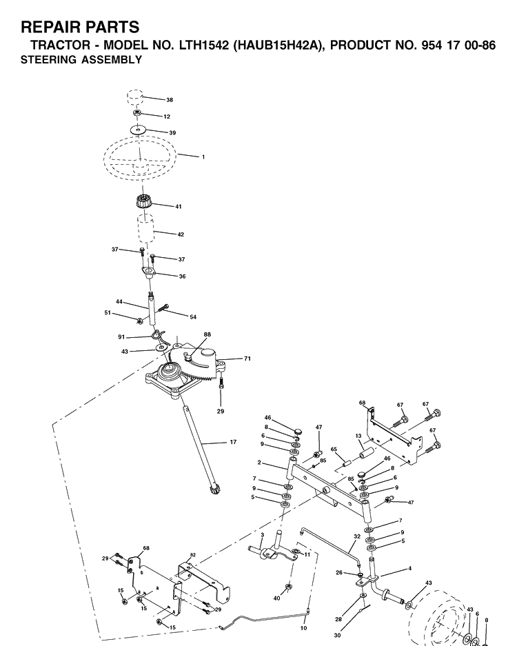 Steering Diagram and Parts List for LTH1542 (HAUB15H42A)(2003-01) Husqvarna Lawn Tractor