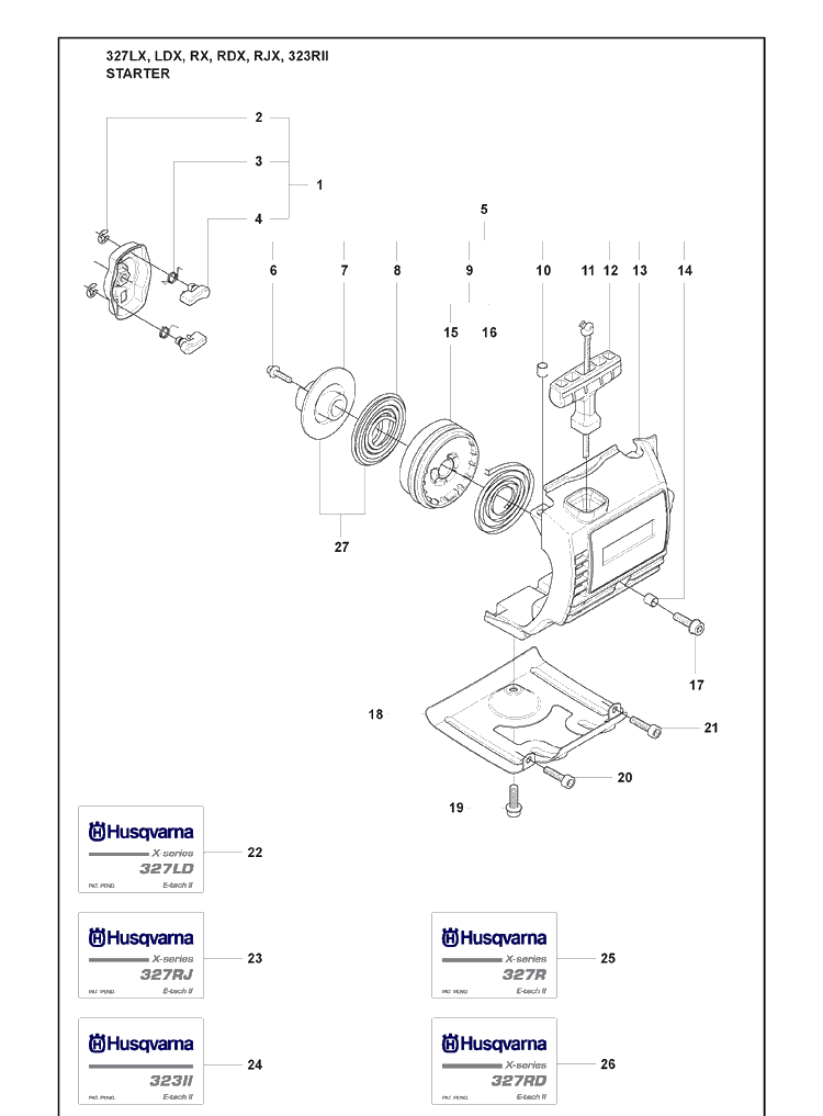 Starter Diagram and Parts List for 323RII 2009-08 Husqvarna Trimmer