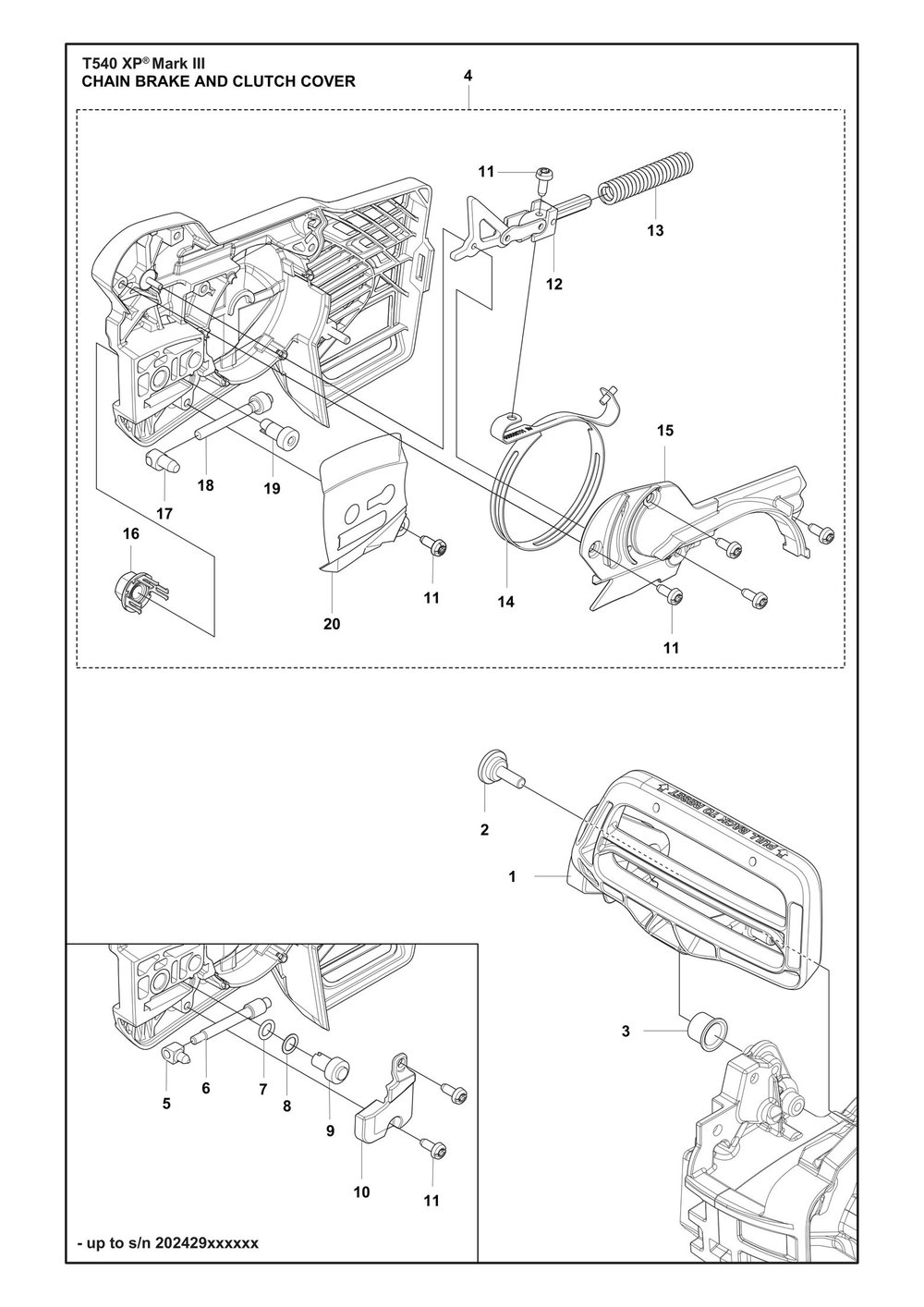 Chain Brake And Clutch Cover Diagram and Parts List for T540XPMARKIII  Husqvarna Chainsaw