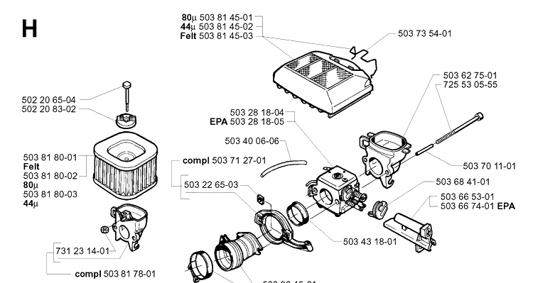 Carburetor And Air Filter Diagram and Parts List for 372XP/ (XPG)(20034000001-20051800000) Husqvarna Chainsaw