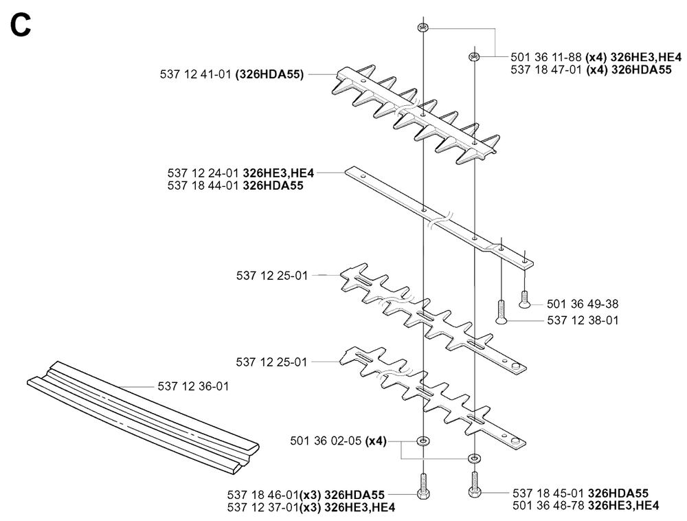 Cutting Equipment Diagram and Parts List for 326HE4X 20013500001 - 20033100000 Husqvarna Hedge Trimmer