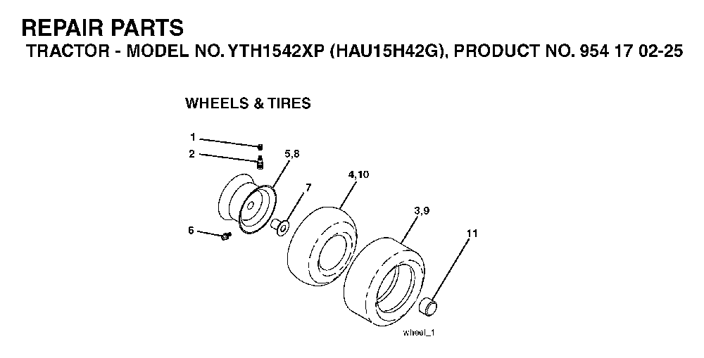 Wheels And Tires Diagram and Parts List for YTH1542XP (HAU15H42G, 954170225)(2004-09) Husqvarna Lawn Tractor