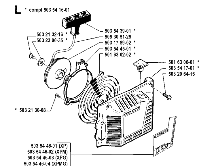 Starter Diagram and Parts List for 262XP 19910900001-19924400000 Husqvarna Chainsaw