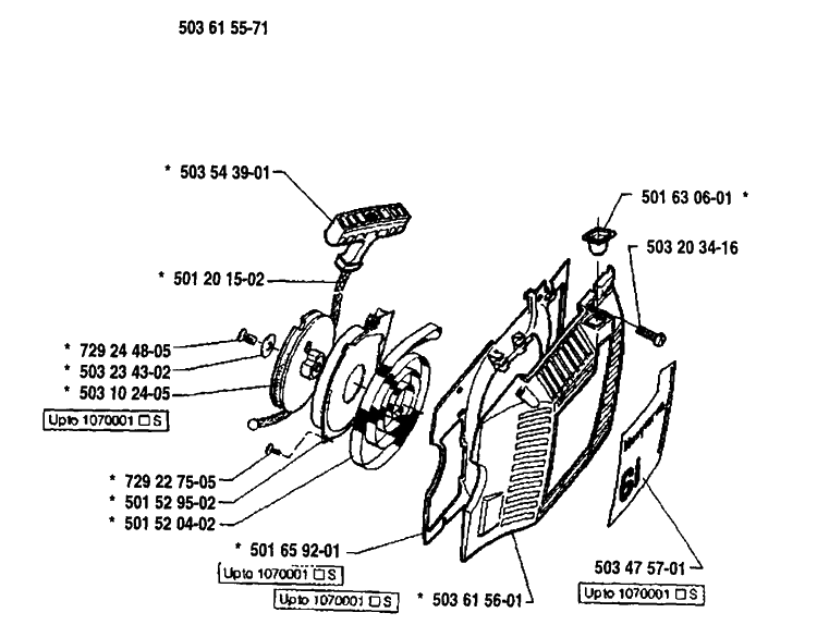 Starter Assembly Diagram and Parts List for 61 1991-03 Husqvarna Chainsaw