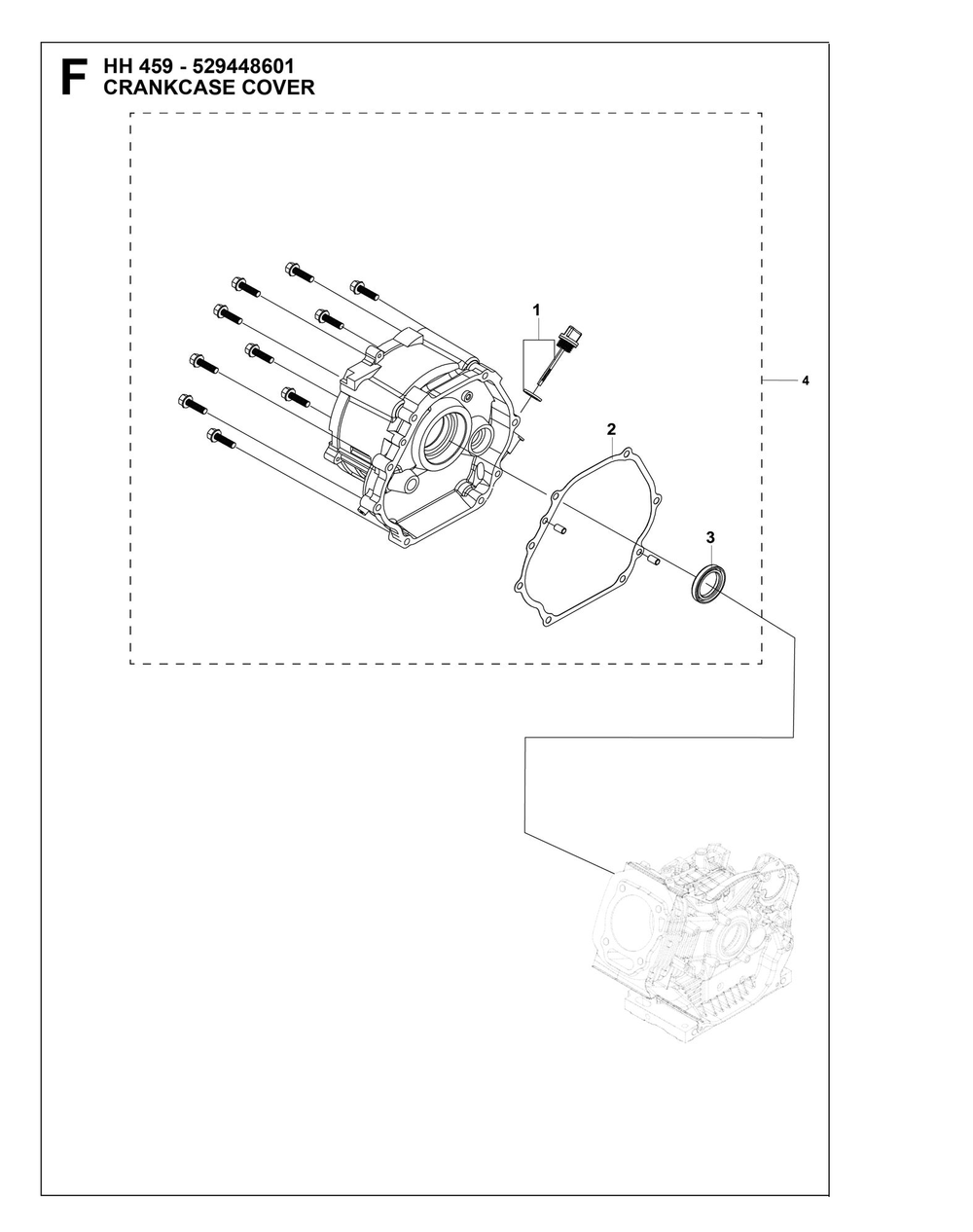 Crankcase Cover Diagram and Parts List for HH459529448601  Husqvarna Engine