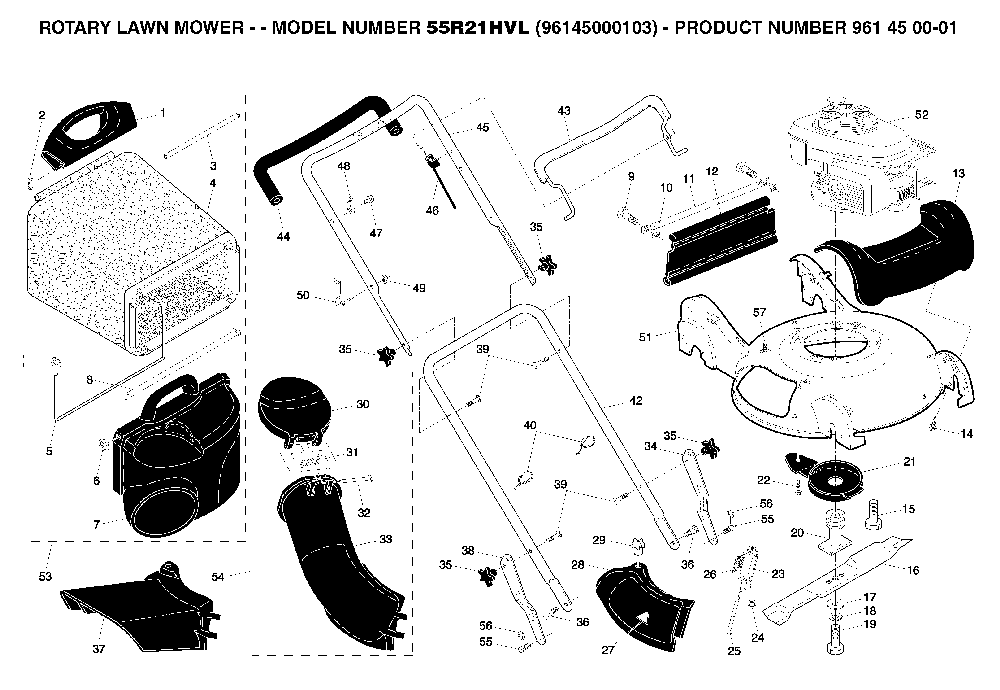 Repair Parts Diagram and Parts List for 55R21HVL (96145000103, 532188294)(2005-01) Husqvarna Lawn Mower