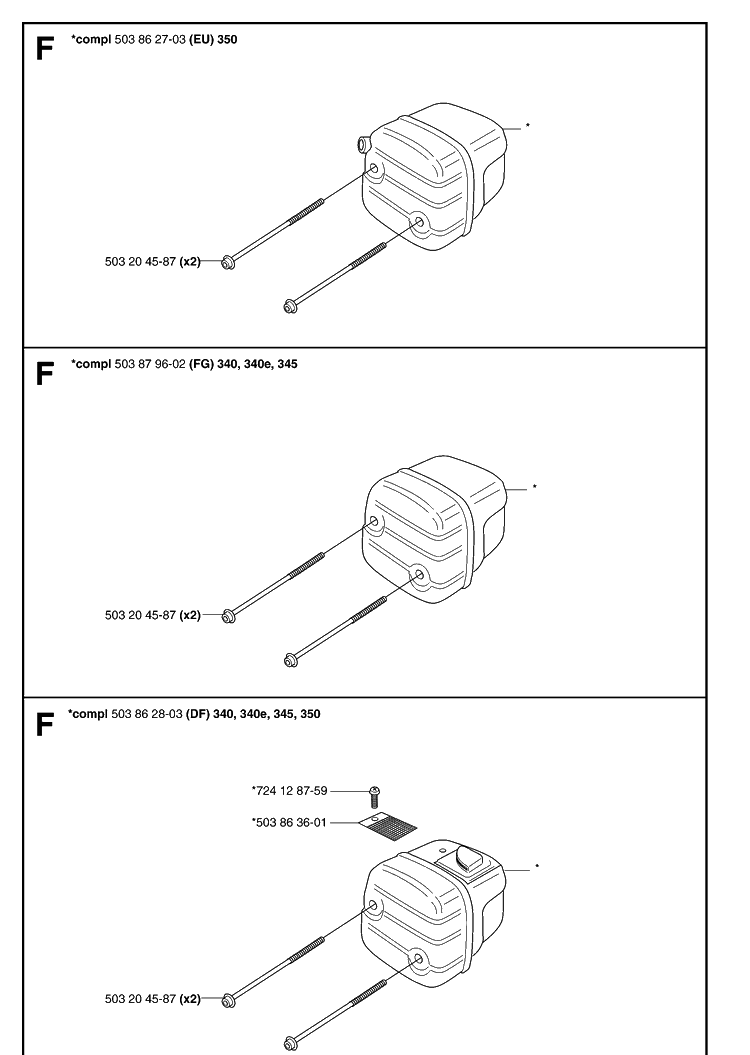 Muffler Diagram and Parts List for 340E 20062300001-Current Husqvarna Chainsaw