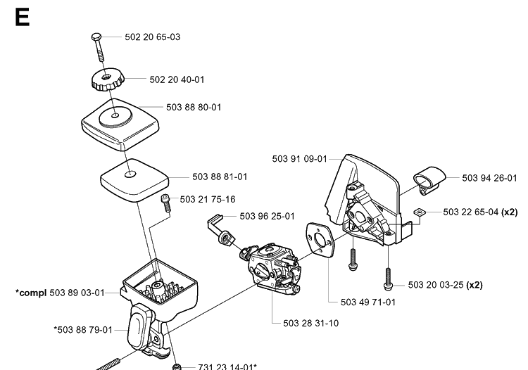 Carburetor And Air Filter Diagram and Parts List for 322E 20010100001-Current Husqvarna Edger