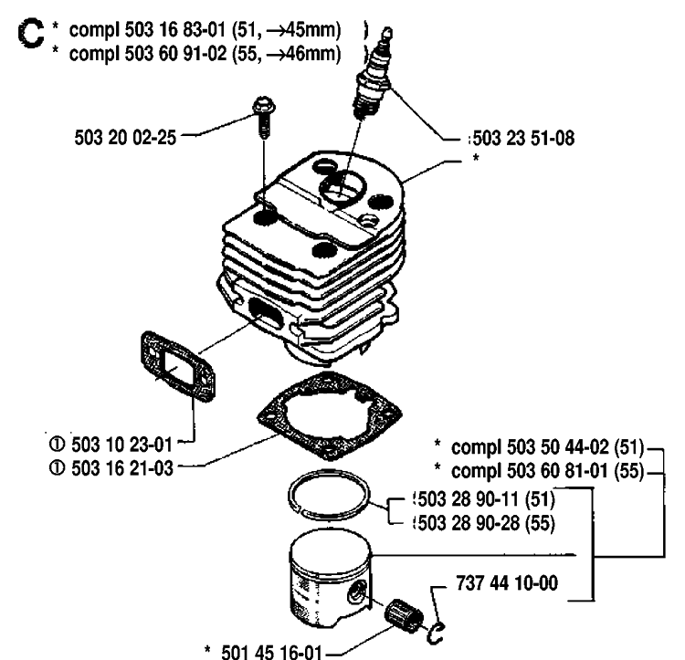 Cylinder Piston Diagram and Parts List for 55 19914000001-19942300000 Husqvarna Chainsaw
