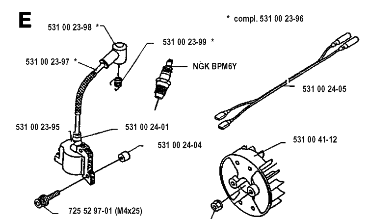 Ignition System Diagram and Parts List for 120R  Husqvarna Brush Cutter