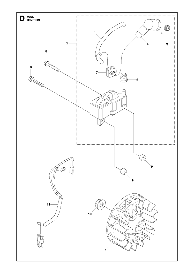 Ignition System Diagram and Parts List for 226K  Husqvarna Brush Cutter