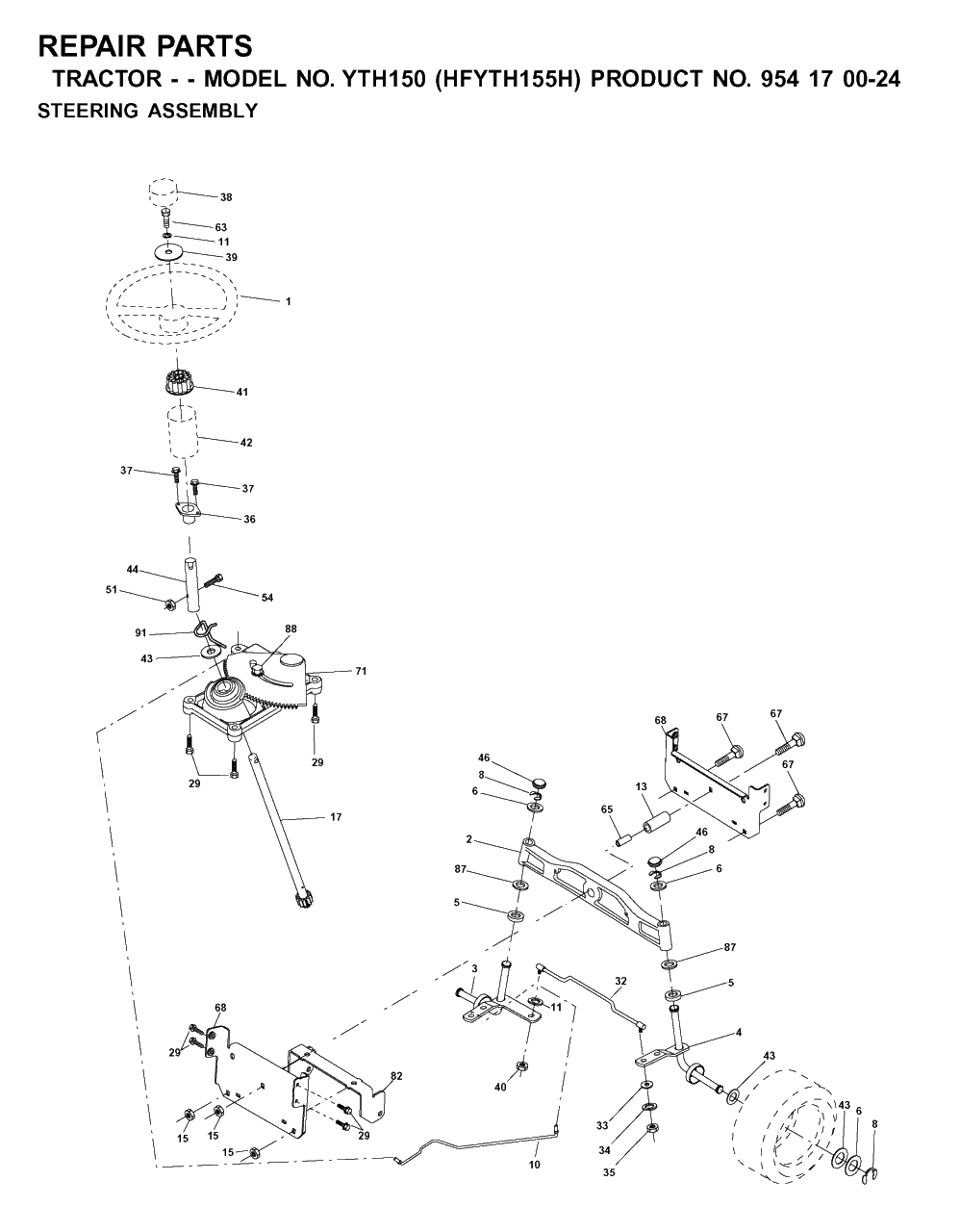 Steering Diagram and Parts List for YTH150 (954170024-H)(2001-03) Husqvarna Lawn Tractor