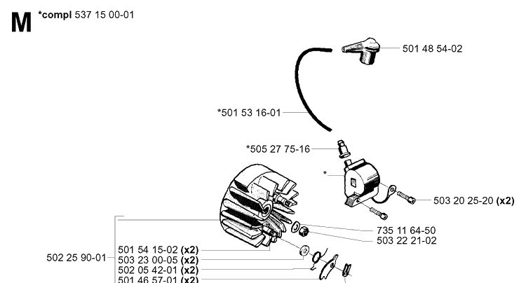Ignition System Diagram and Parts List for 250R  Husqvarna Brush Cutter