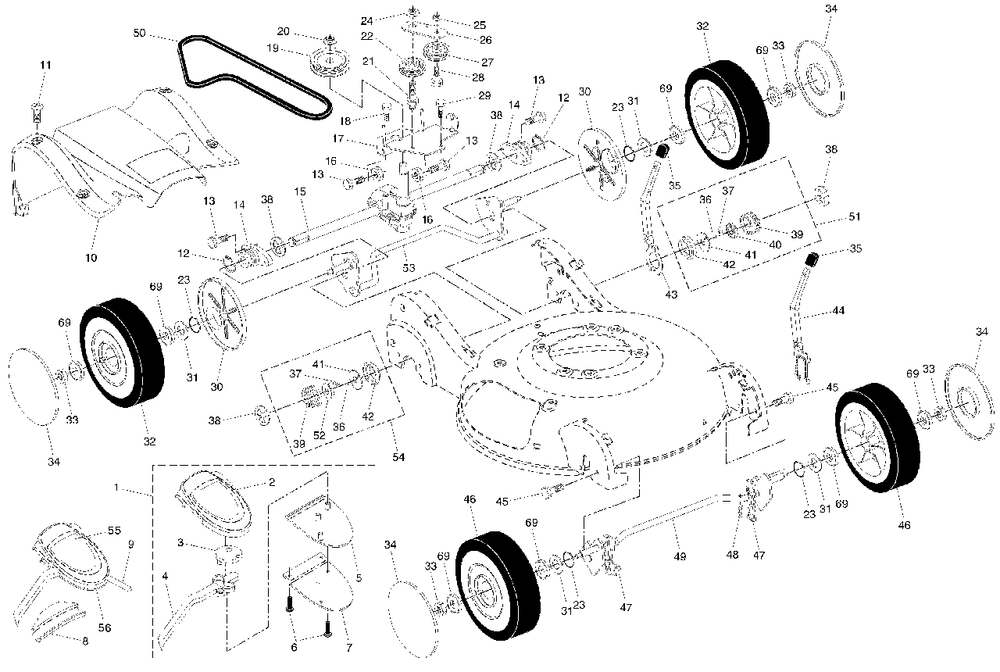 Drive Assembly Diagram and Parts List for 55B21HV (954223227-B)(2003-12) Husqvarna Lawn Mower