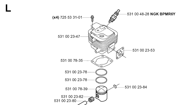 Cylinder Piston Diagram and Parts List for 132R 20050100001-Current Husqvarna Brush Cutter