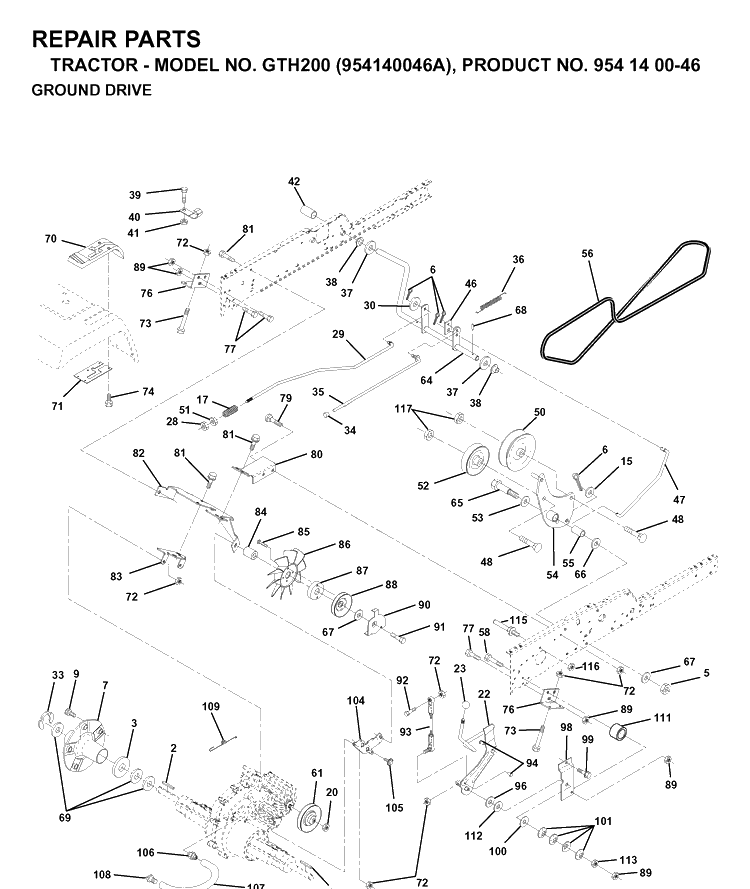Drive Diagram and Parts List for GTH200 (954140046A)(1998-09) Husqvarna Lawn Tractor