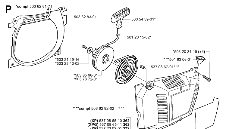Starter Diagram and Parts List for 372XP/ (XPG)(20051800001-20070100000) Husqvarna Chainsaw