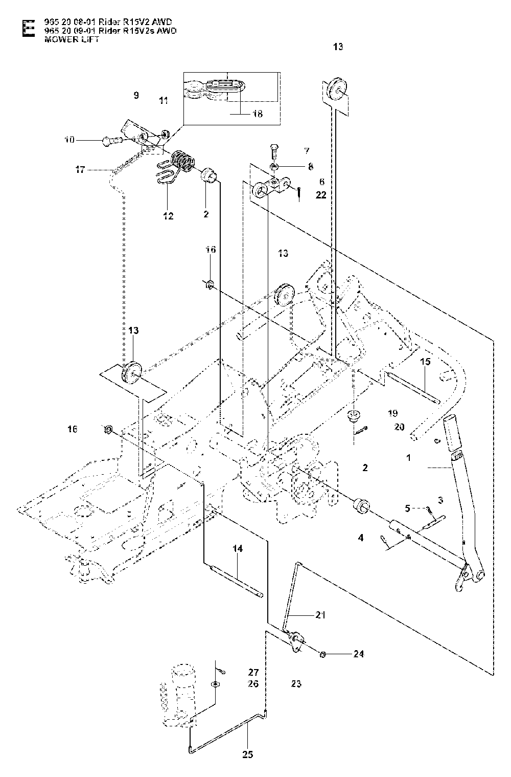 Mower Lift / Deck Lift Diagram and Parts List for RIDER15V2SAWD (965200901)(2008-01) Husqvarna Lawn Tractor